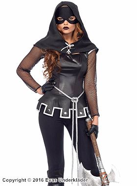 Female medieval executioner, costume catsuit, hood, fishnet sleeves